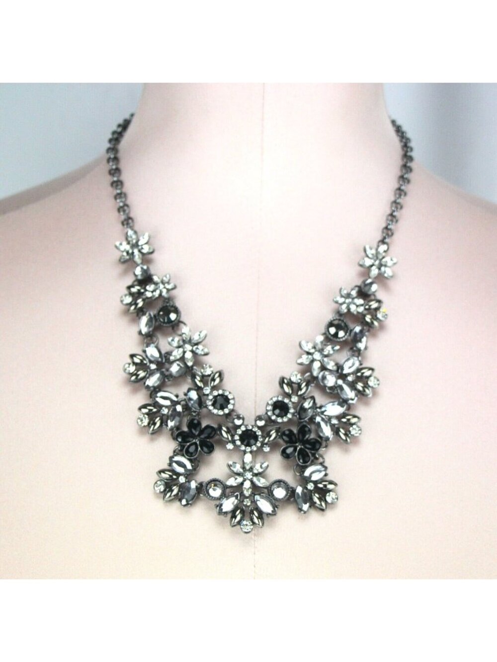 Kohl's Metal Necklace Dark Silver-tone Gunmetal with Chunky Clear & Black Rhines
